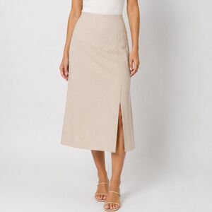 Marla Kim Linen Cotton Midi Skirt XL Beige Side Slit Career Office NWT